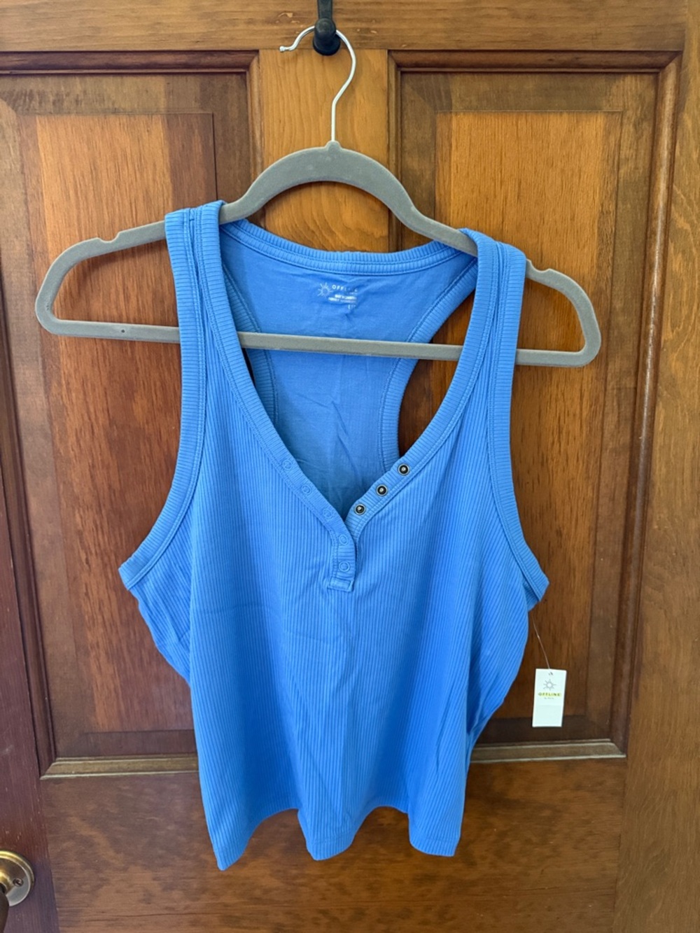 Ribbed Henley Tank Top in Light Gray & Blue - Women's